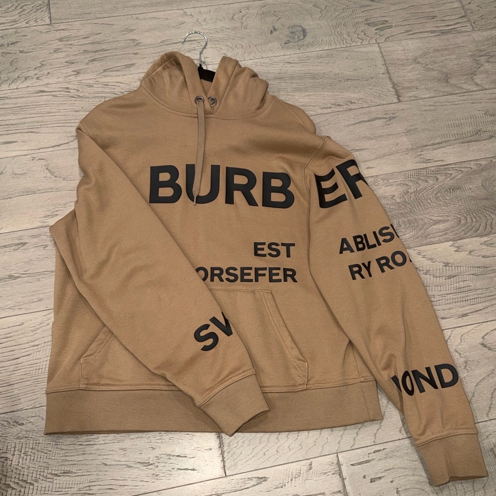 Burberry Men's Camel Crewneck Hoodie with Black Logo Print